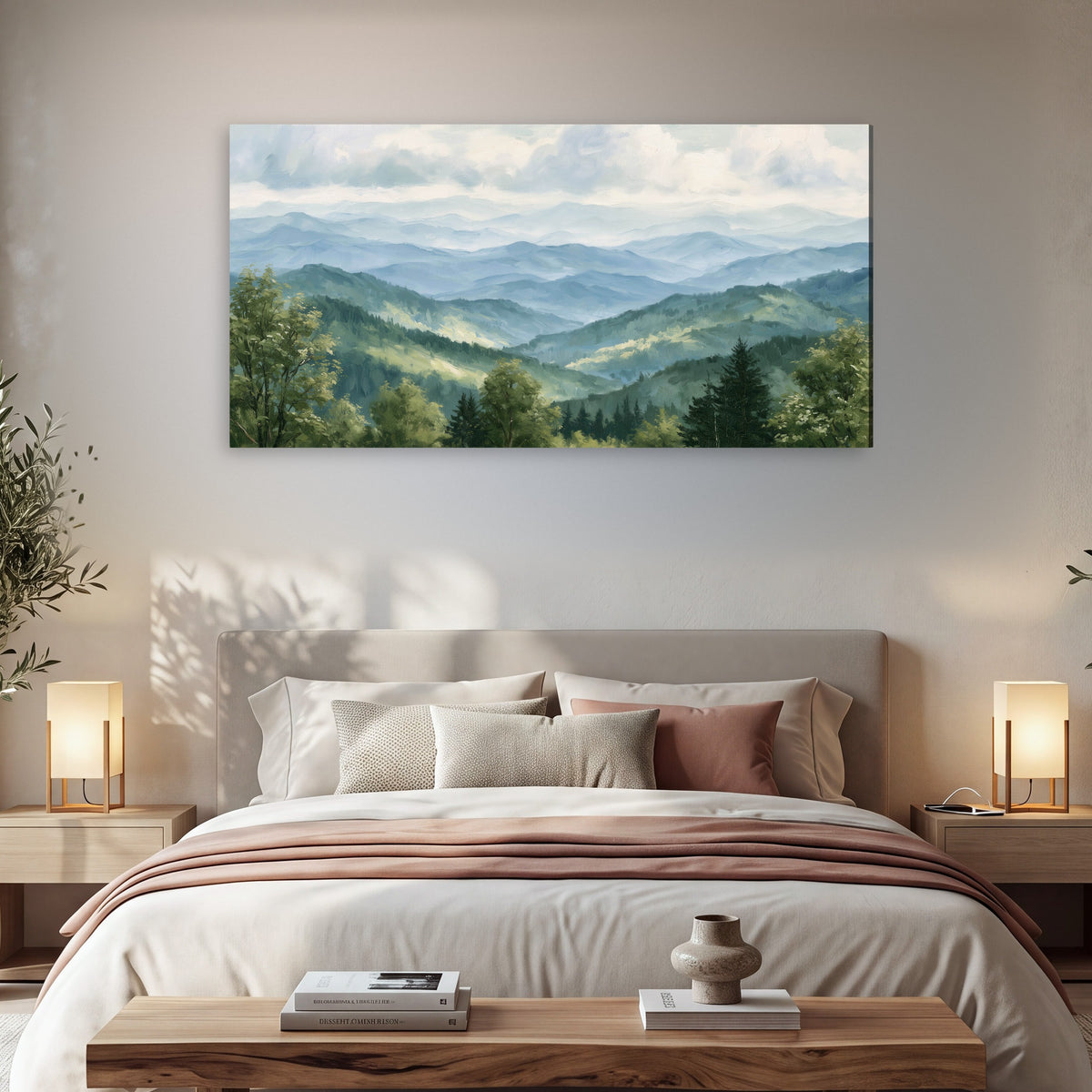 Smoky mountain vista painting canvas wall art in a bedroom above the bed