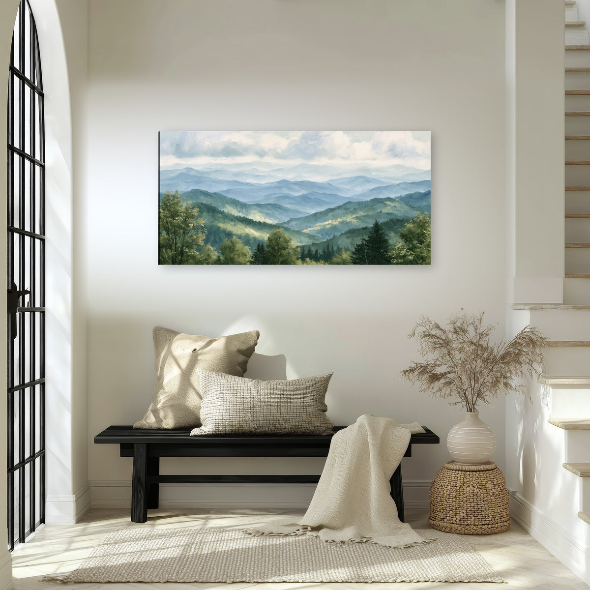 Smoky mountain vista painting canvas wall art in an entryway above a bench
