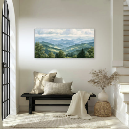 Smoky mountain vista painting canvas wall art in an entryway above a bench