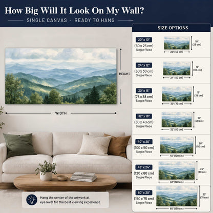 Smoky mountain vista painting canvas wall art size guide above a sofa