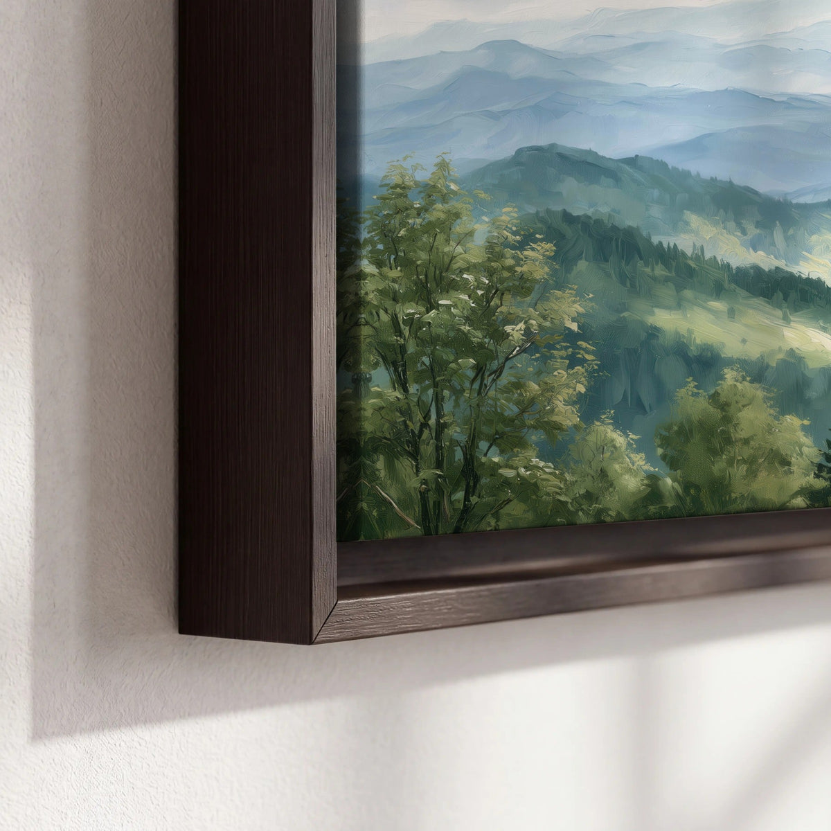 Smoky mountain vista painting framed canvas close-up showing the floating frame