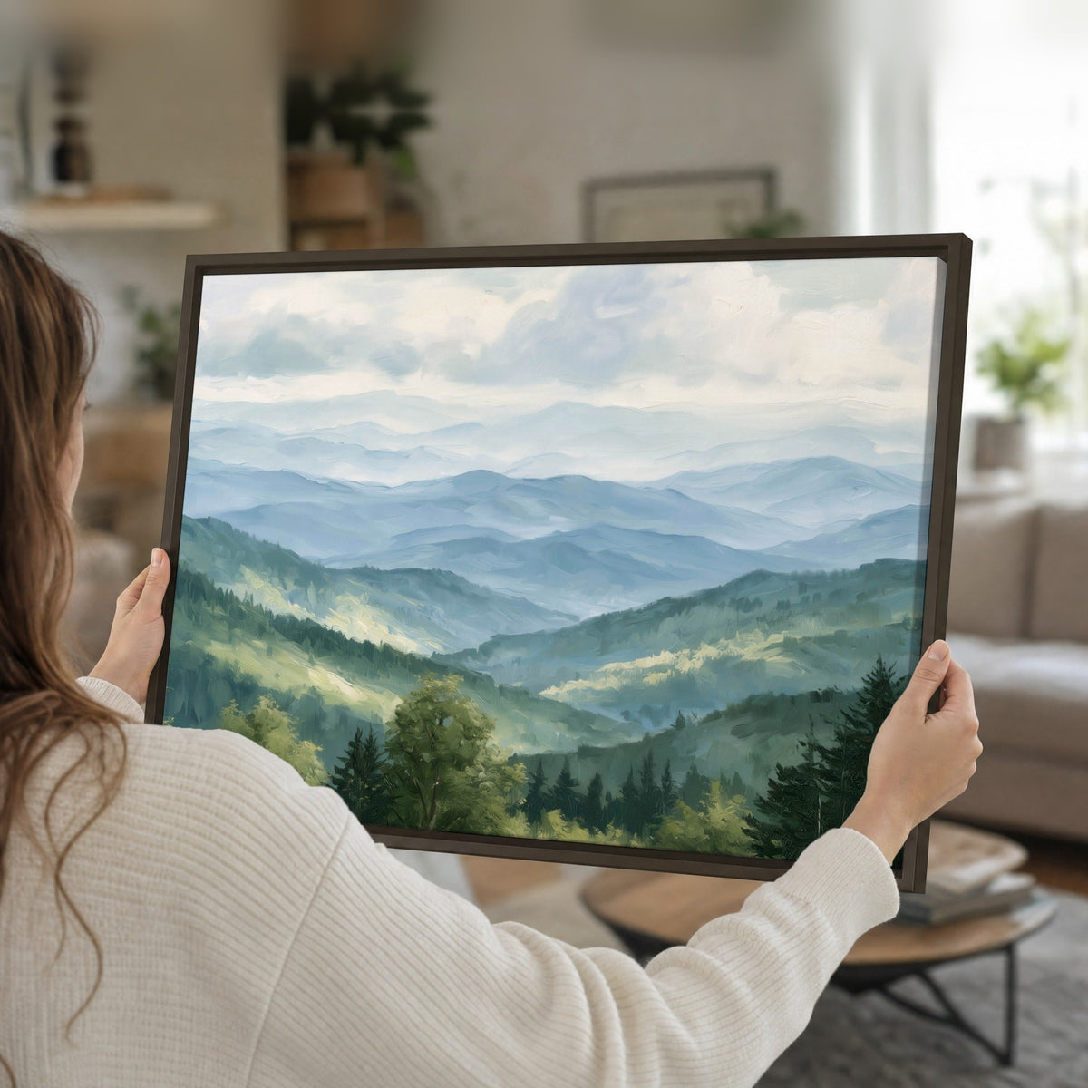 Smoky mountain vista painting framed canvas held in hands