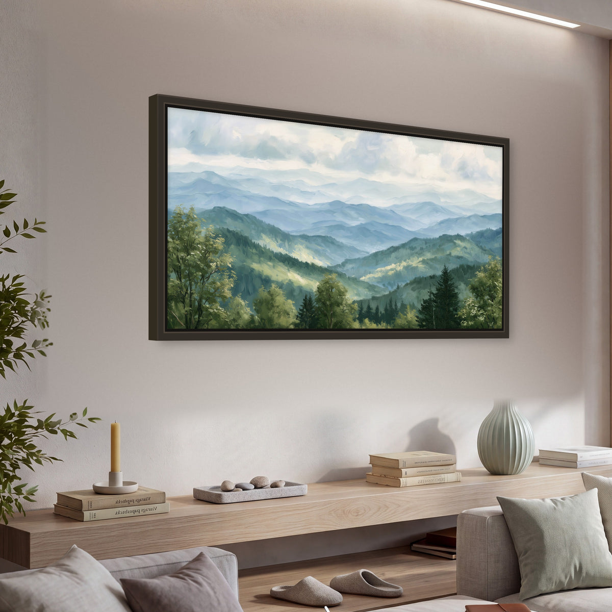 Smoky mountain vista painting framed canvas wall art in a living room above a console