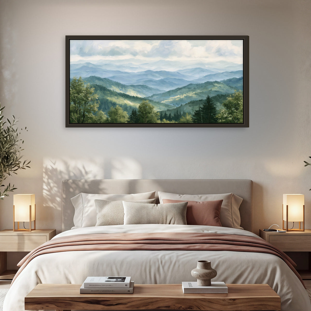Smoky mountain vista painting framed canvas wall art in a bedroom above the bed