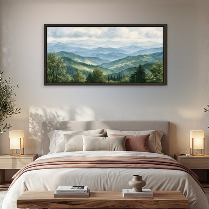 Smoky mountain vista painting framed canvas wall art in a bedroom above the bed