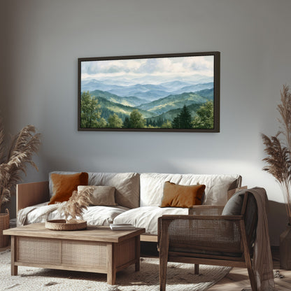 Smoky mountain vista painting framed canvas wall art in a rustic living room