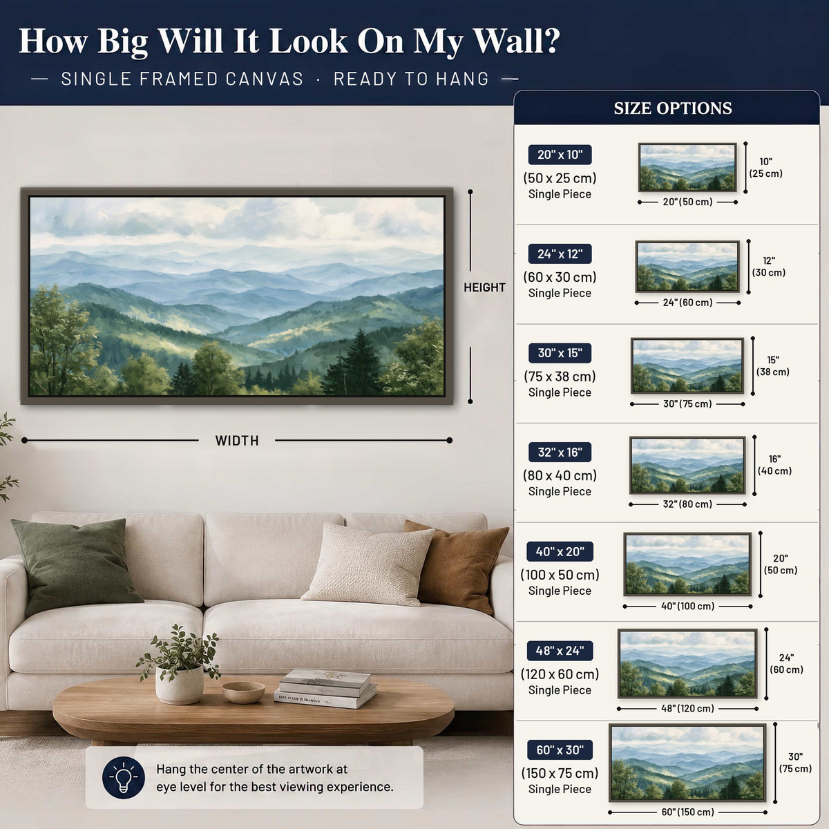 Smoky mountain vista painting framed canvas wall art size guide above a sofa