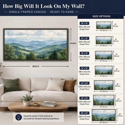 Smoky mountain vista painting framed canvas wall art size guide above a sofa