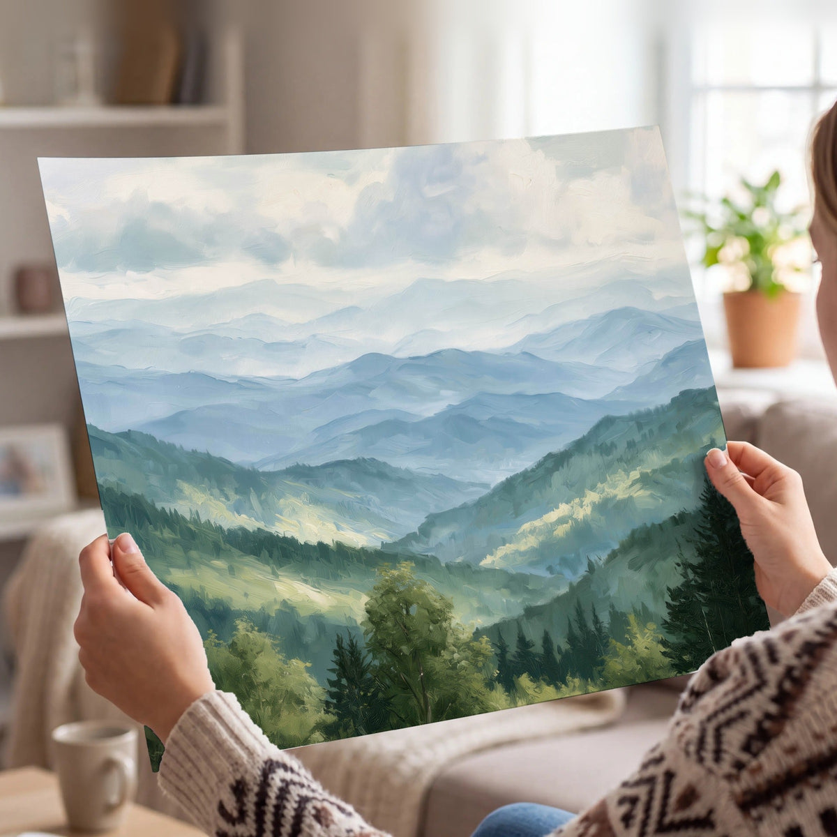 Smoky mountain vista painting poster print held in hands