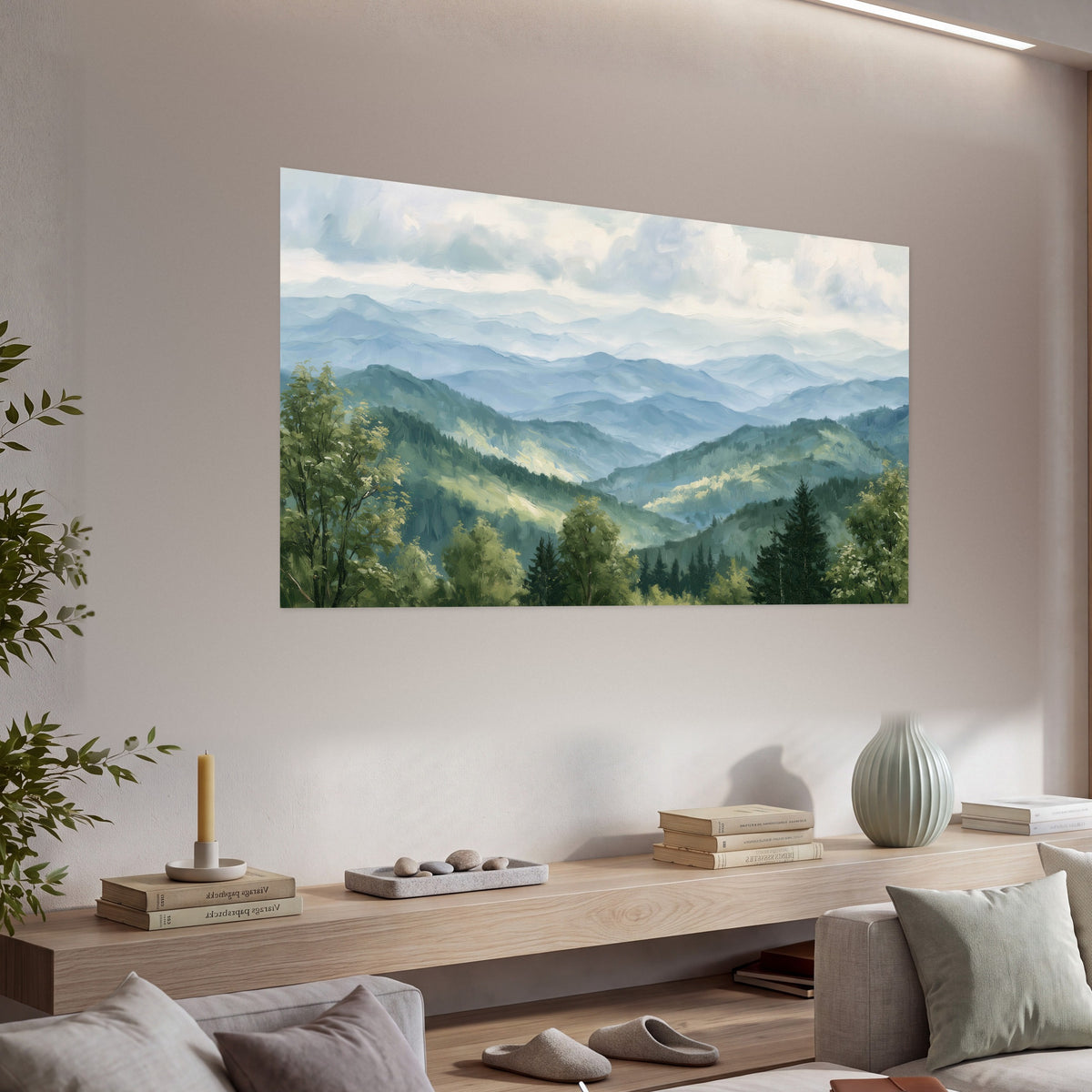 Smoky mountain vista painting poster print in a living room above a console