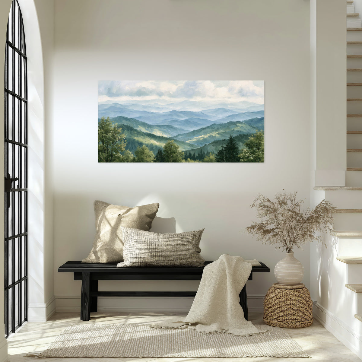 Smoky mountain vista painting poster print in an entryway above a bench