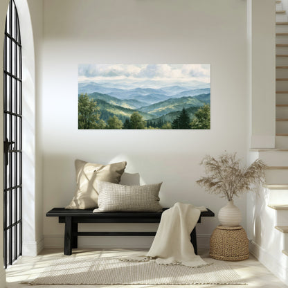 Smoky mountain vista painting poster print in an entryway above a bench