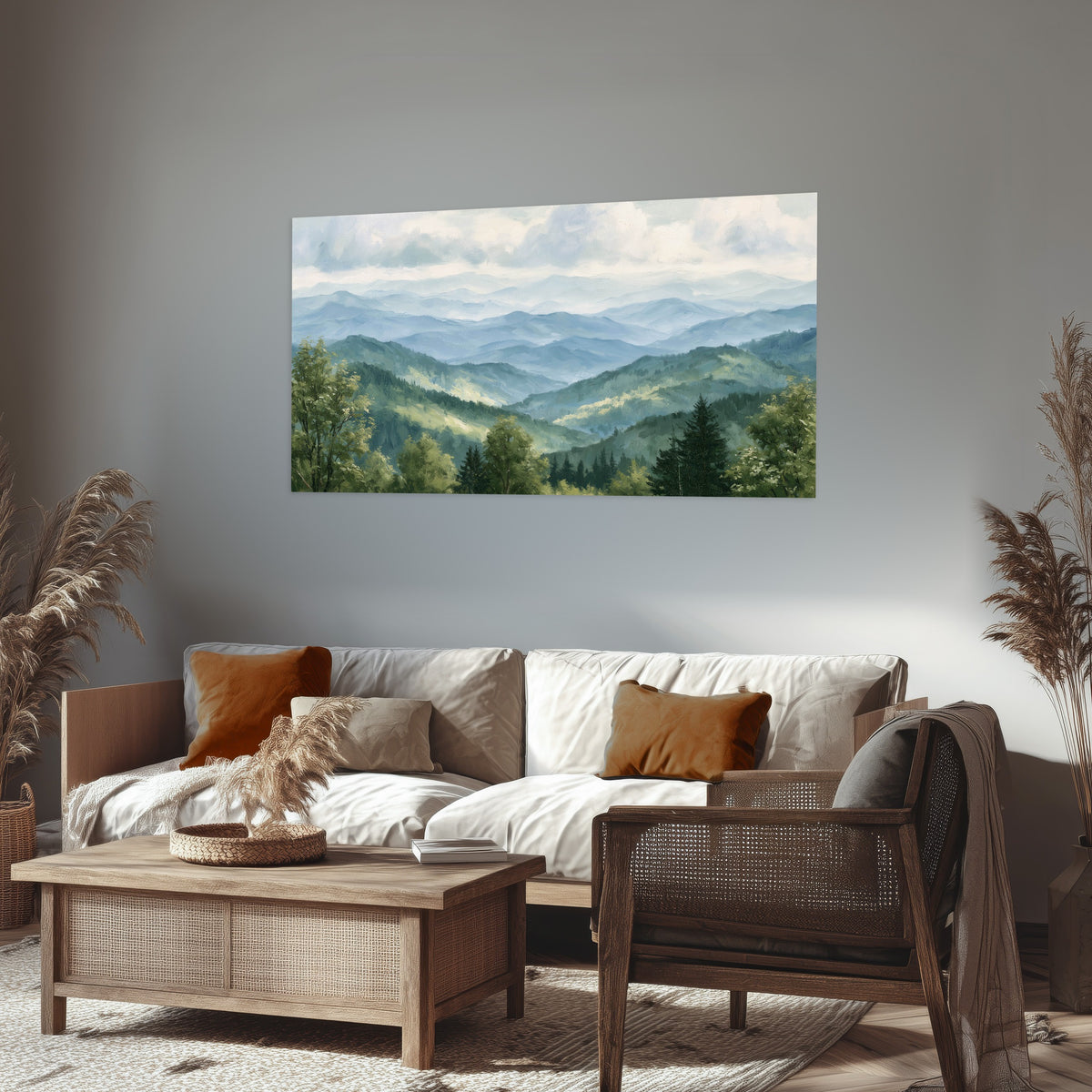 Smoky mountain vista painting poster print in a rustic living room