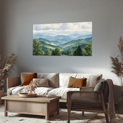 Smoky mountain vista painting poster print in a rustic living room