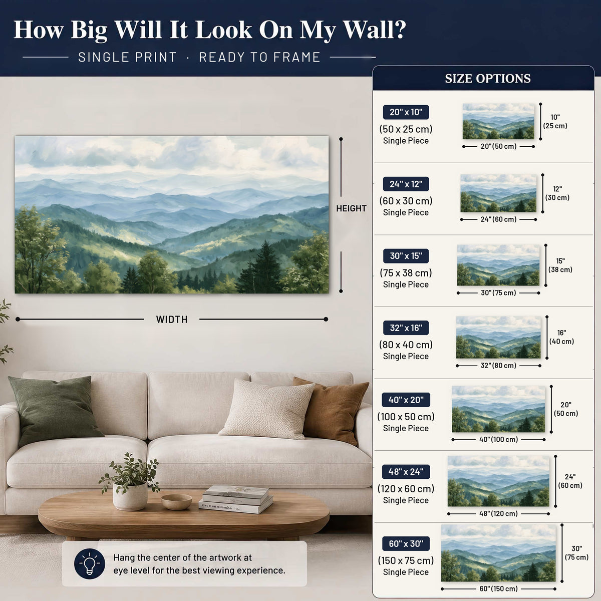 Smoky mountain vista painting poster print size guide above a sofa