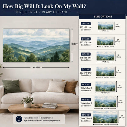 Smoky mountain vista painting poster print size guide above a sofa