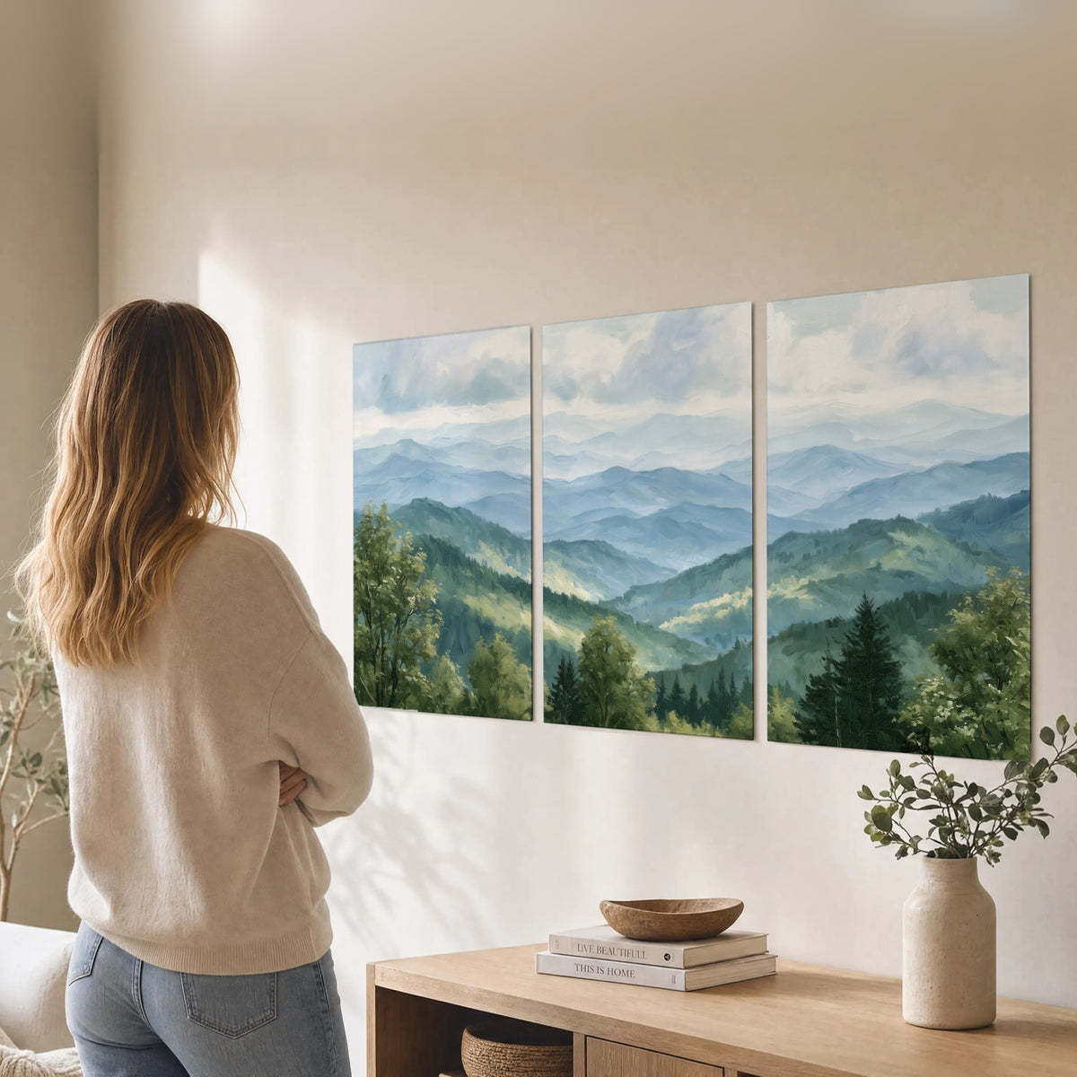 Smoky mountain vista painting set of 3 poster prints in a living room