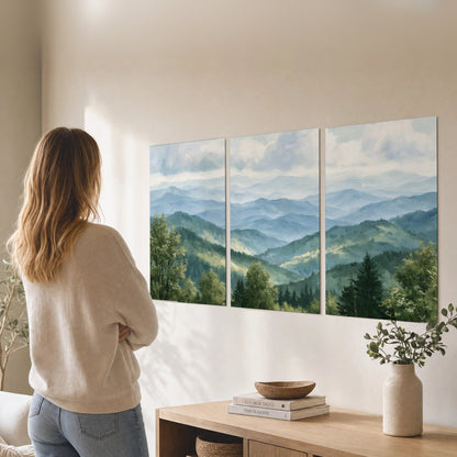 Smoky mountain vista painting set of 3 poster prints in a living room
