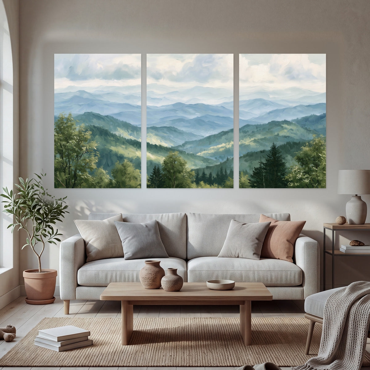Smoky mountain vista painting set of 3 poster prints in a bright living room