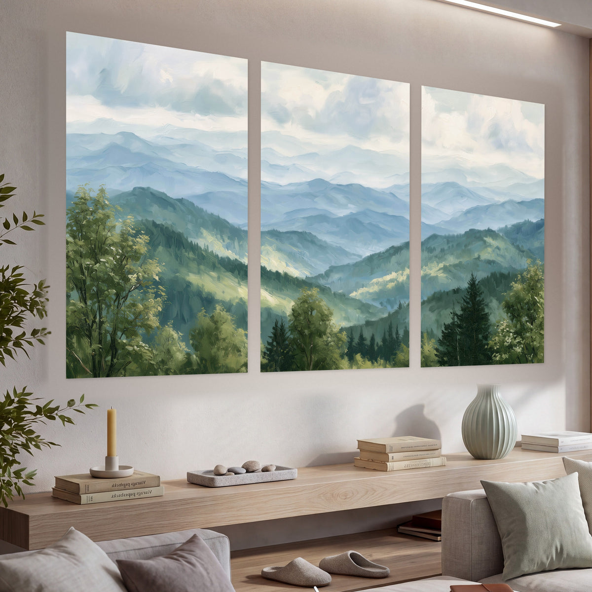 Smoky mountain vista painting set of 3 poster prints in a living room above a console