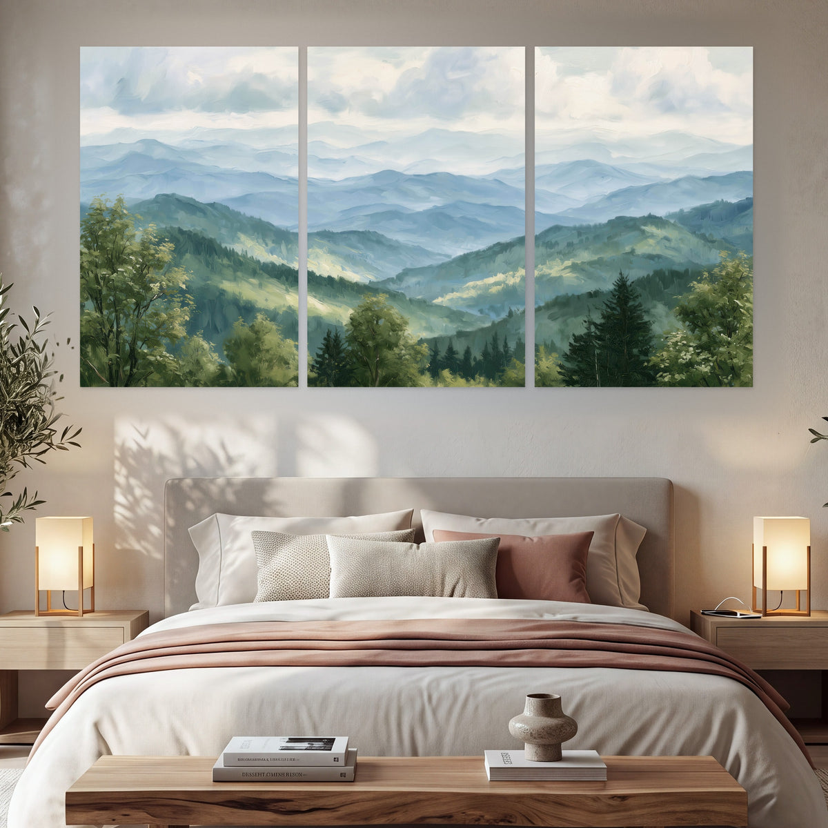 Smoky mountain vista painting set of 3 poster prints in a bedroom above the bed