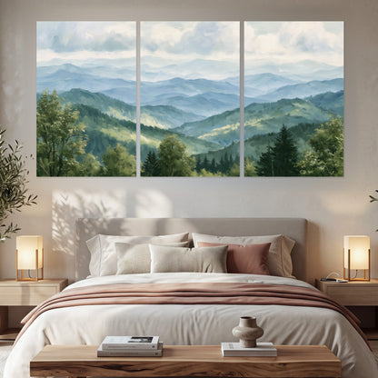 Smoky mountain vista painting set of 3 poster prints in a bedroom above the bed