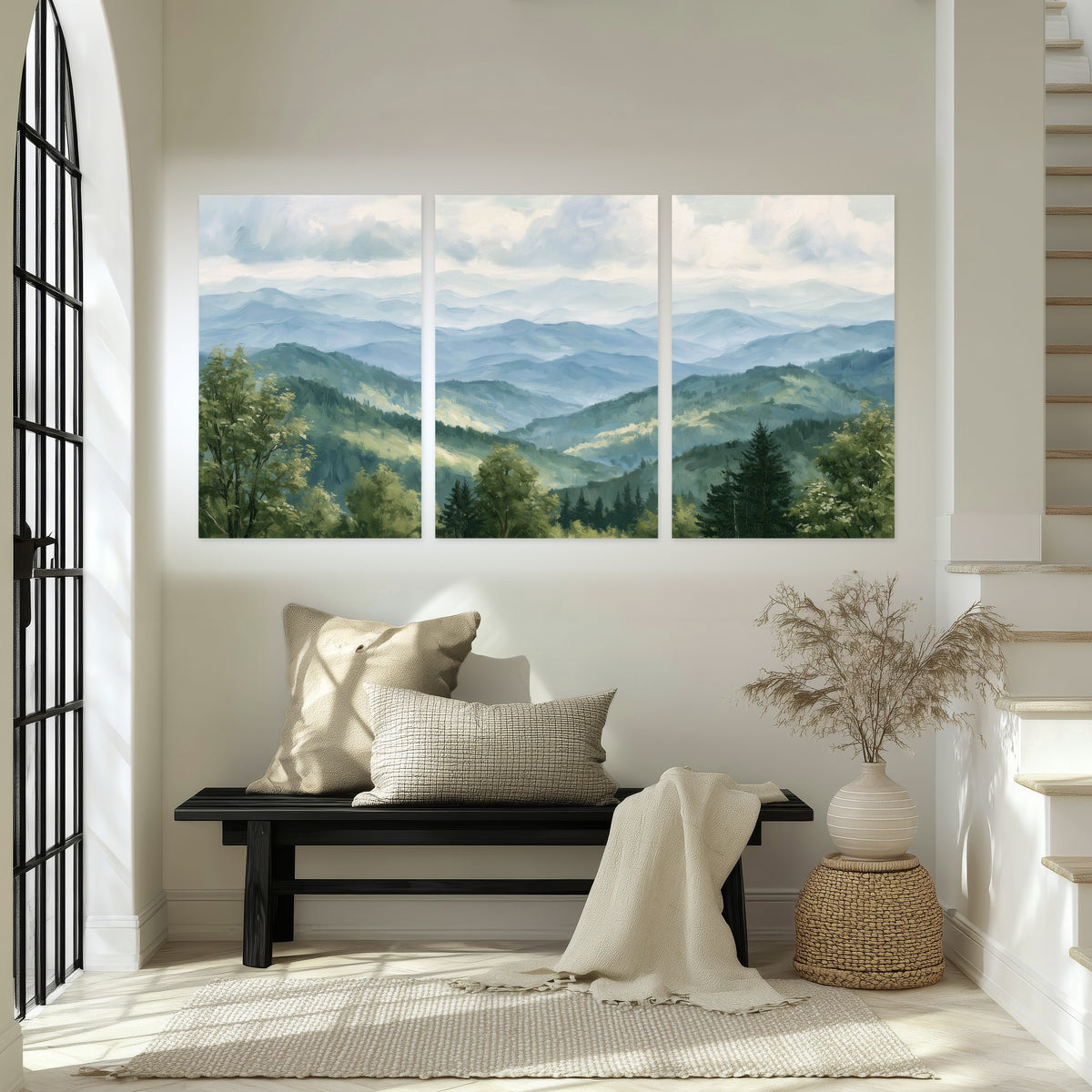 Smoky mountain vista painting set of 3 poster prints in an entryway above a bench