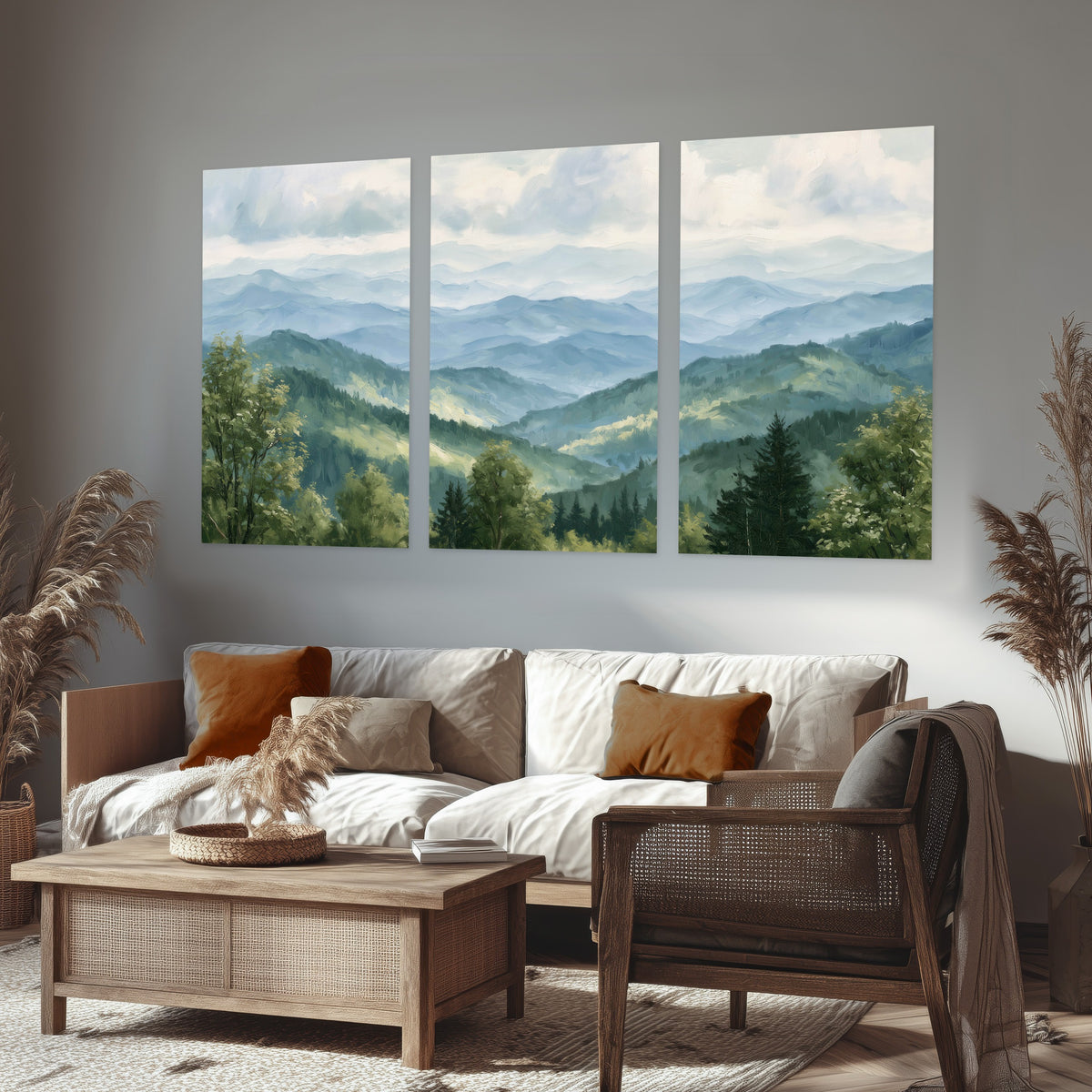 Smoky mountain vista painting set of 3 poster prints in a rustic living room