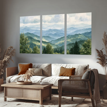 Smoky mountain vista painting set of 3 poster prints in a rustic living room