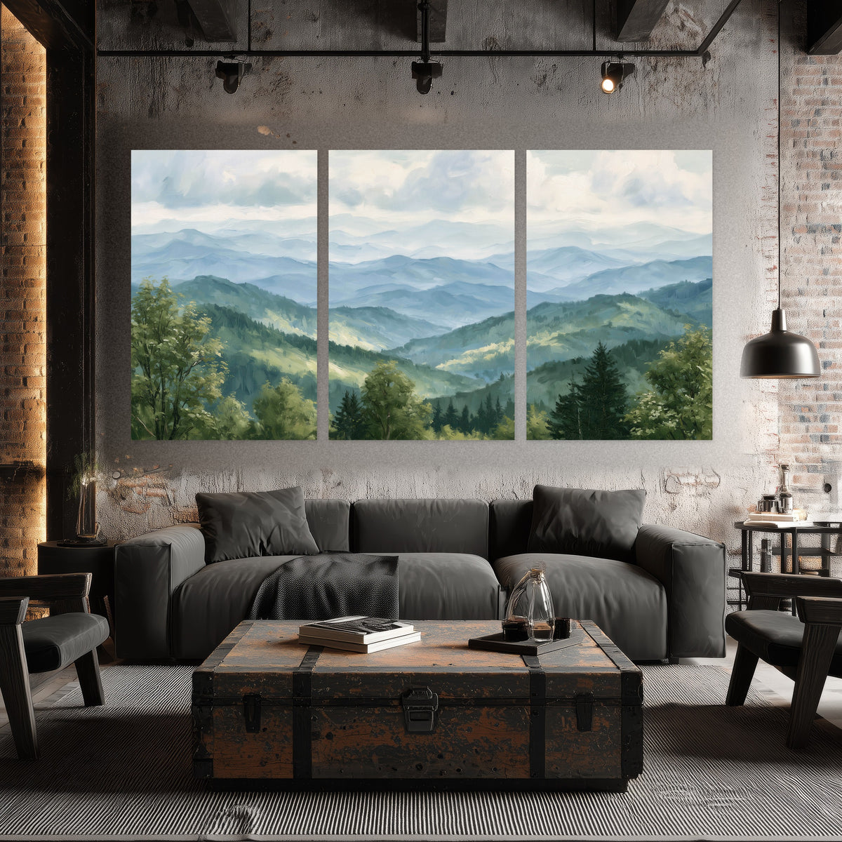 Smoky mountain vista painting set of 3 poster prints in an industrial loft