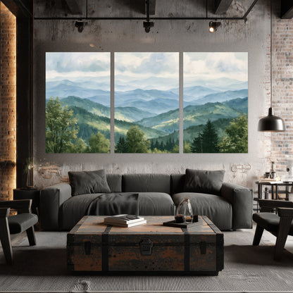Smoky mountain vista painting set of 3 poster prints in an industrial loft