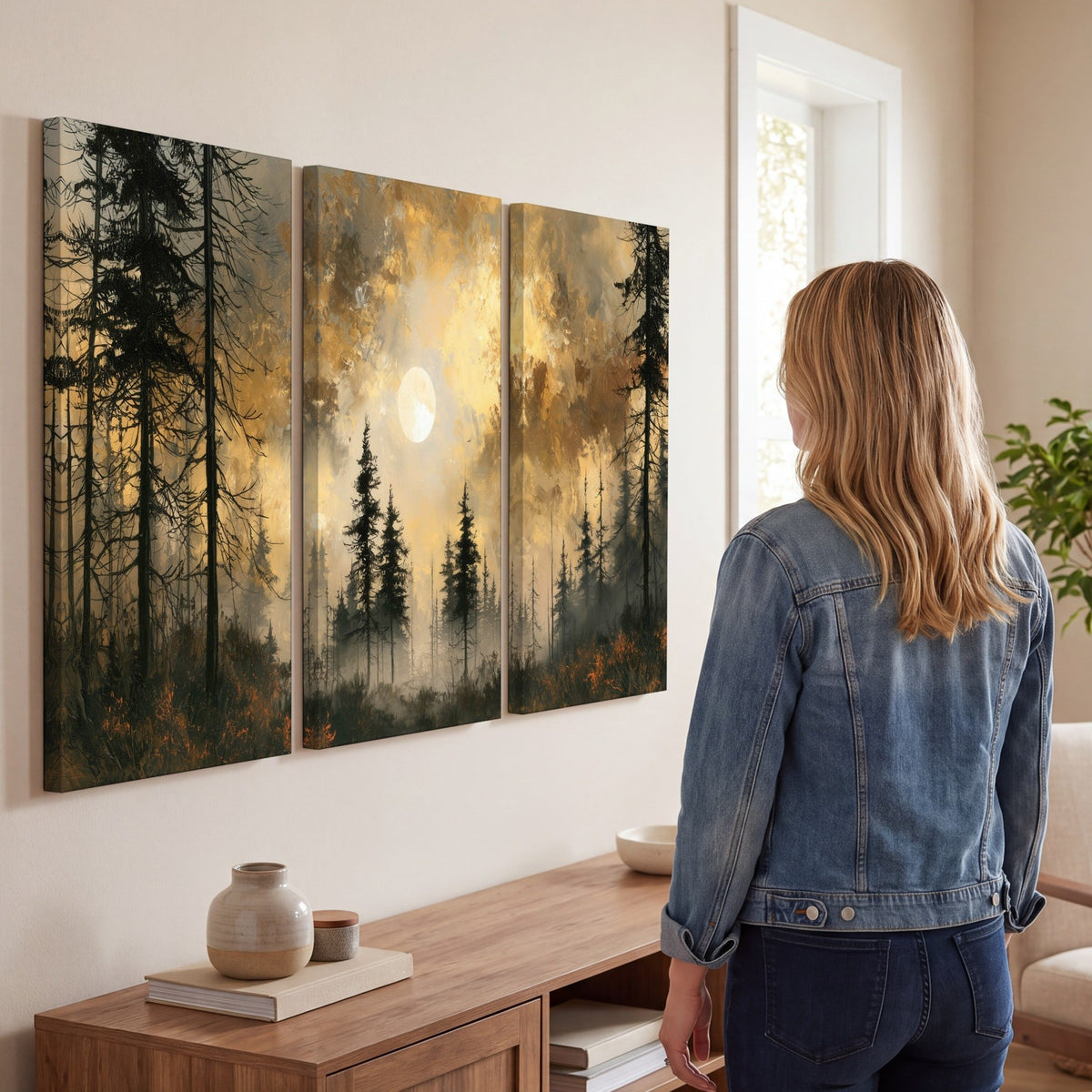 Moonlit pine forest painting 3 piece canvas wall art in a living room