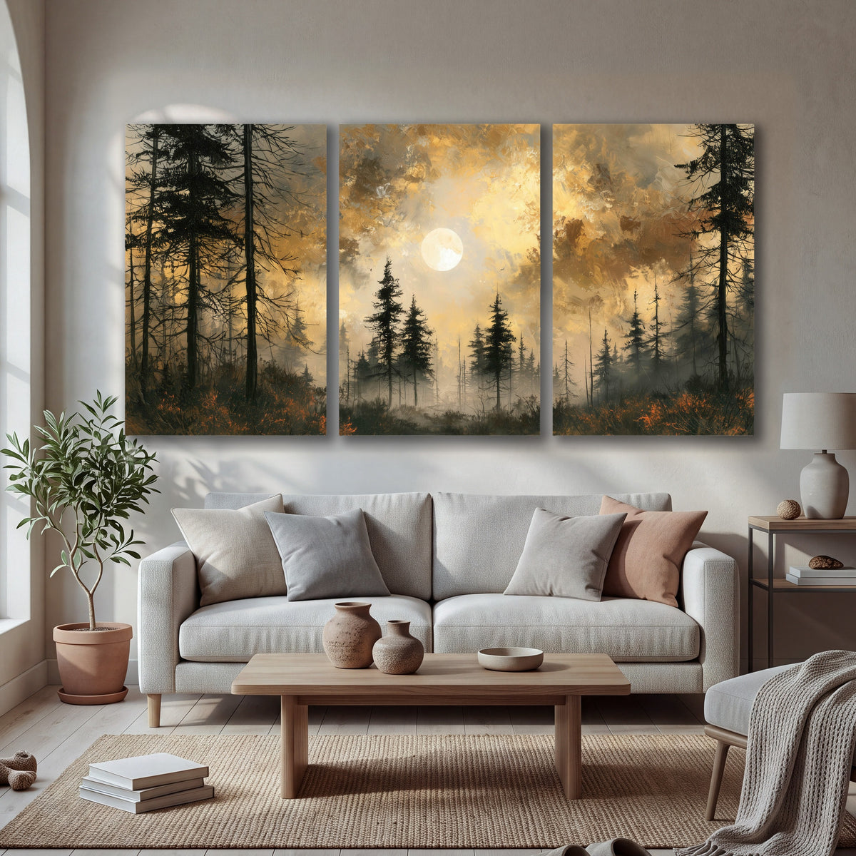 Moonlit pine forest painting 3 piece canvas wall art in a bright living room