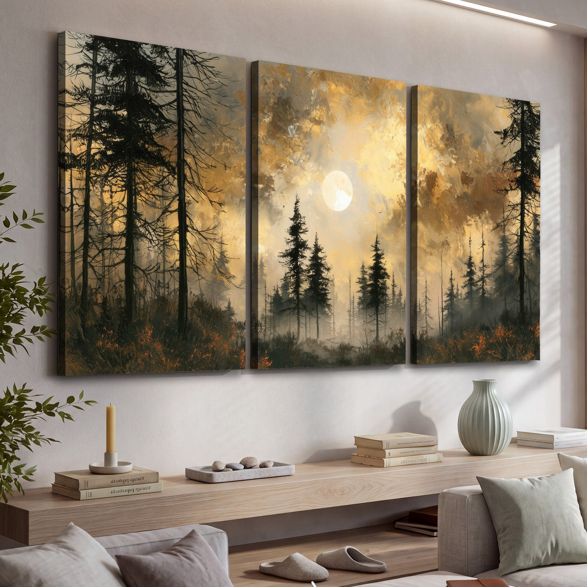 Moonlit pine forest painting 3 piece canvas wall art in a living room above a console