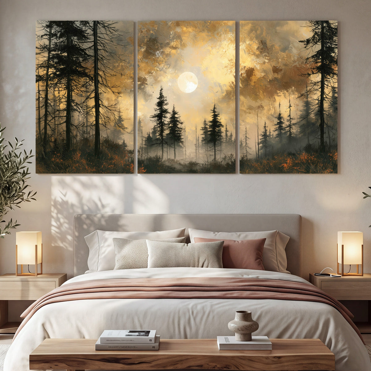 Moonlit pine forest painting 3 piece canvas wall art in a bedroom above the bed