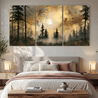 Moonlit pine forest painting 3 piece canvas wall art in a bedroom above the bed