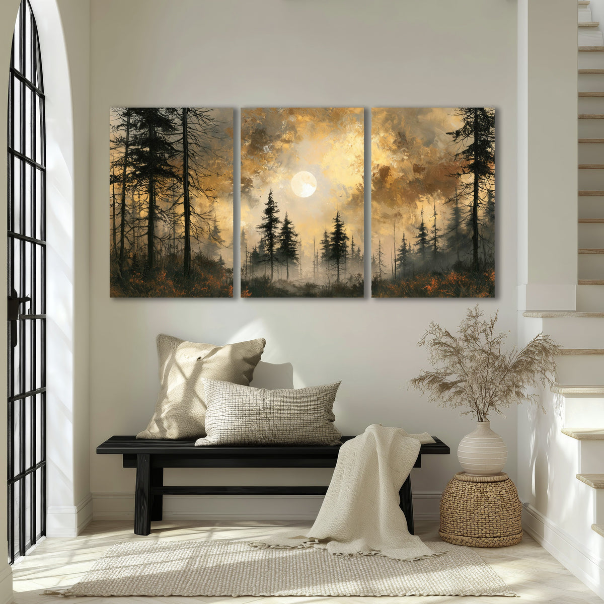 Moonlit pine forest painting 3 piece canvas wall art in an entryway above a bench