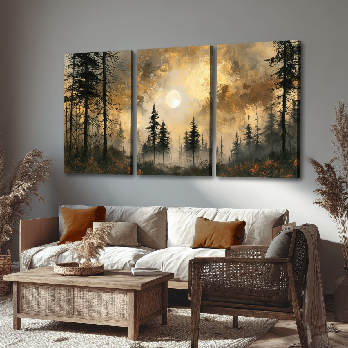 Moonlit pine forest painting 3 piece canvas wall art in a rustic living room