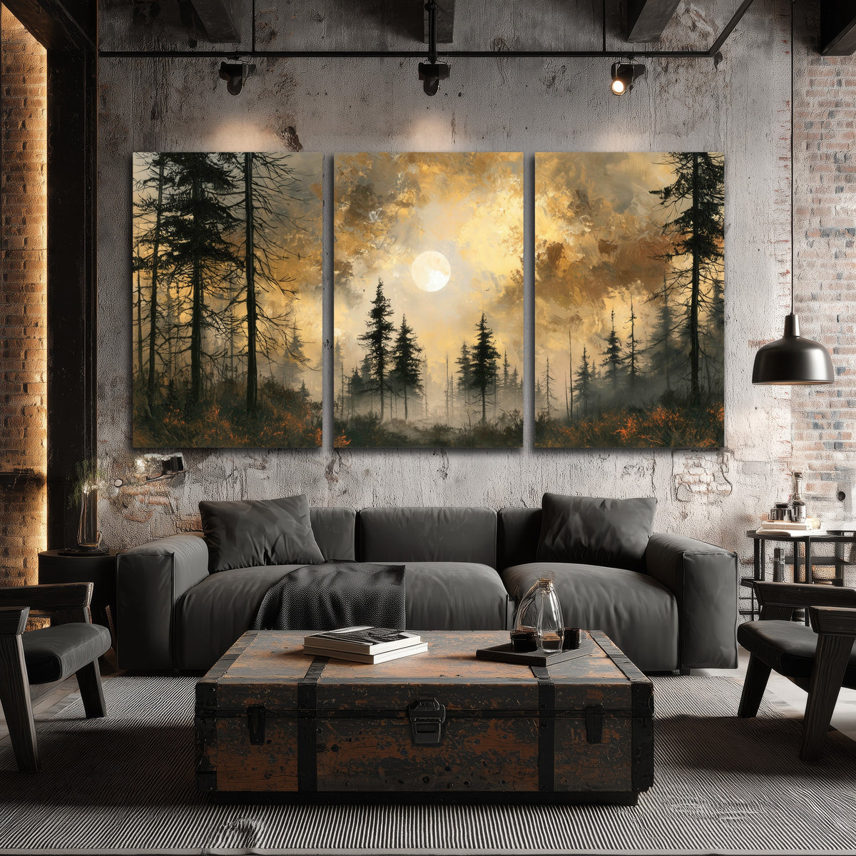 Moonlit pine forest painting 3 piece canvas wall art in an industrial loft