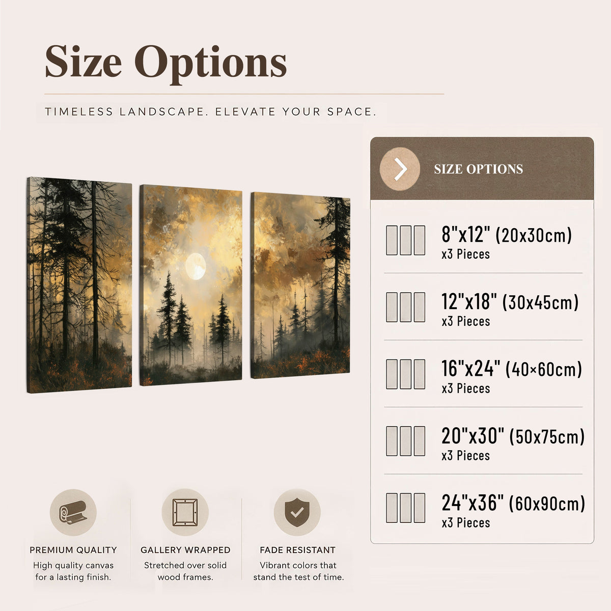 Moonlit pine forest painting 3 piece canvas wall art size options