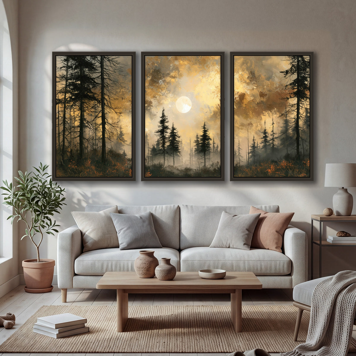 Moonlit pine forest painting 3 piece framed canvas in a bright living room