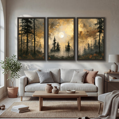Moonlit pine forest painting 3 piece framed canvas in a bright living room