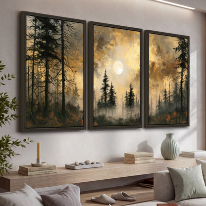 Moonlit pine forest painting 3 piece framed canvas in a living room above a console