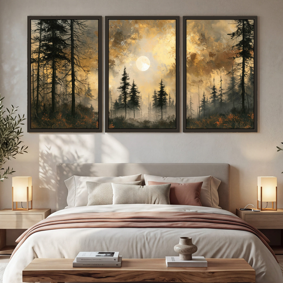 Moonlit pine forest painting 3 piece framed canvas in a bedroom above the bed