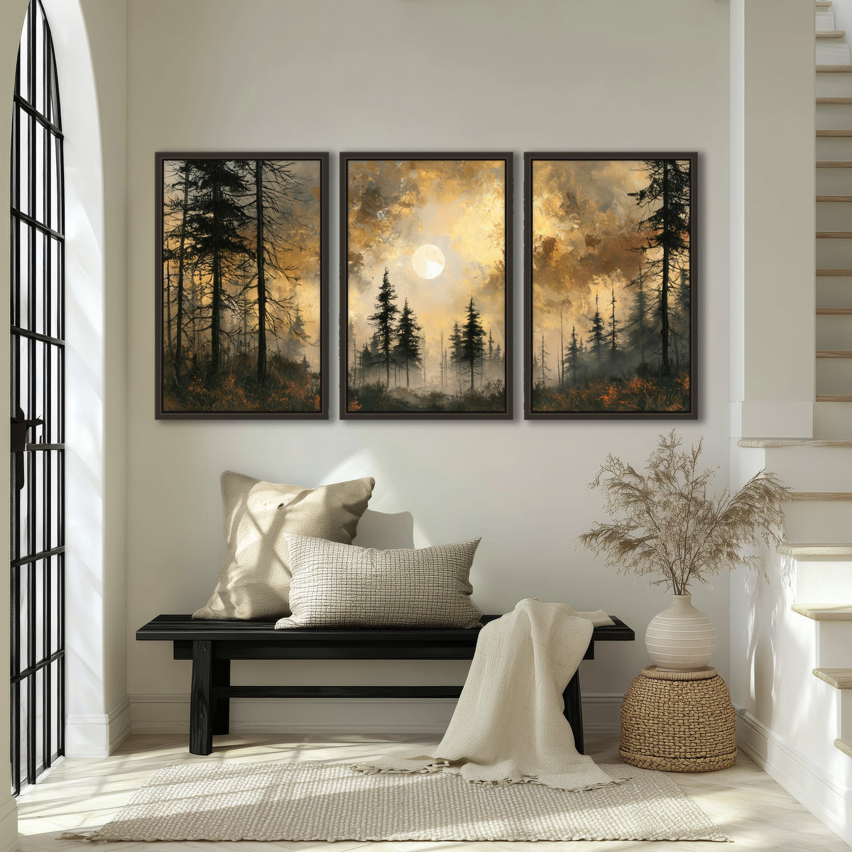 Moonlit pine forest painting 3 piece framed canvas in an entryway above a bench