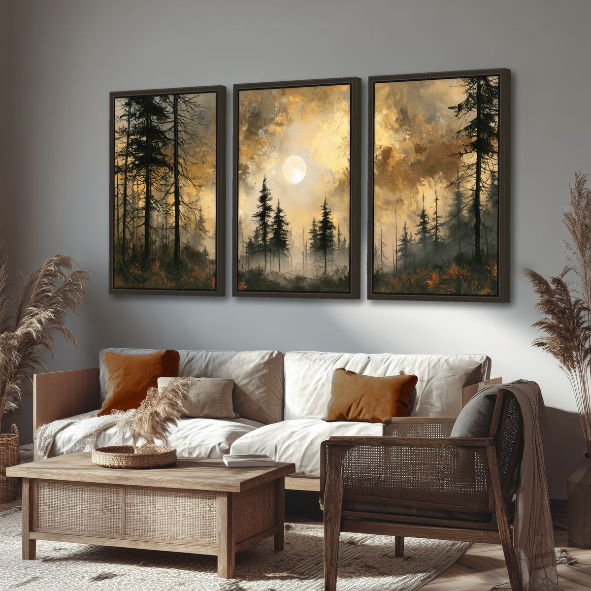 Moonlit pine forest painting 3 piece framed canvas in a rustic living room