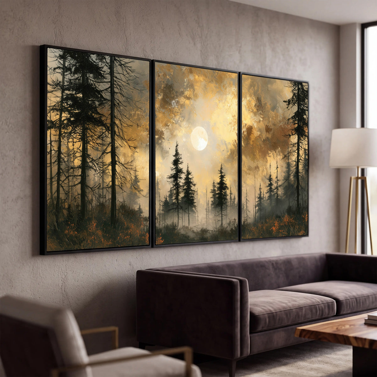 Moonlit pine forest painting 3 piece framed canvas in a modern living room