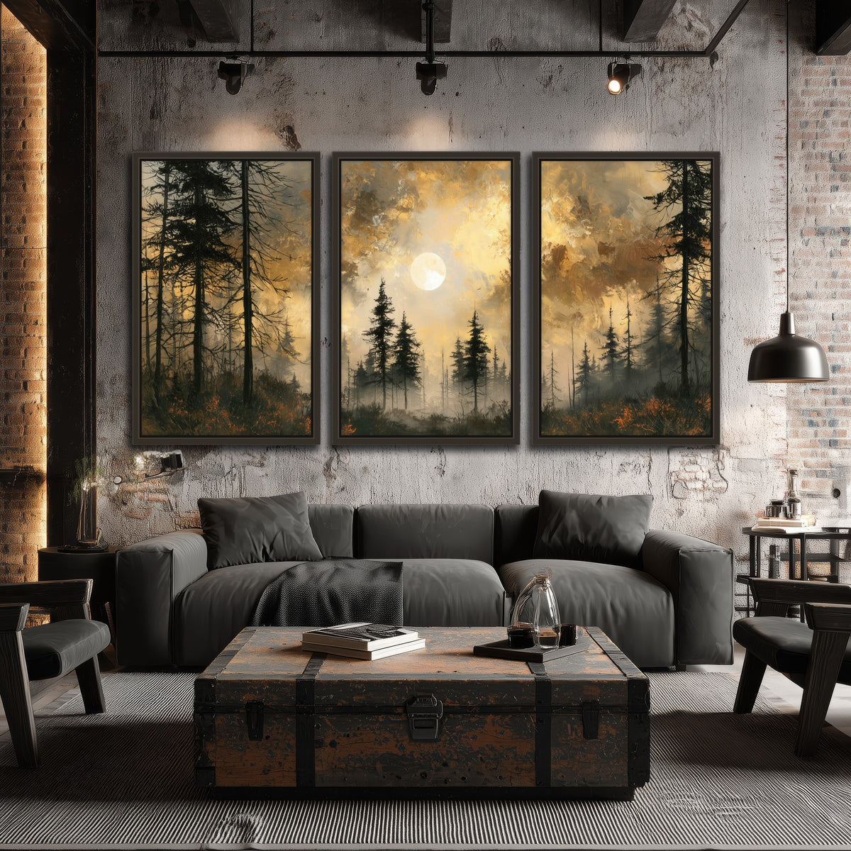 Moonlit pine forest painting 3 piece framed canvas in an industrial loft