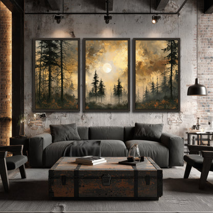 Moonlit pine forest painting 3 piece framed canvas in an industrial loft