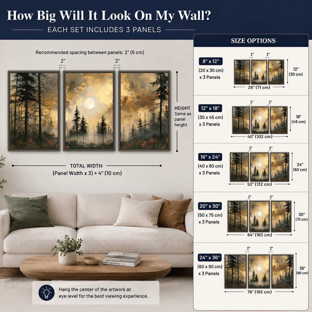 Moonlit pine forest painting 3 piece framed canvas size guide above a sofa